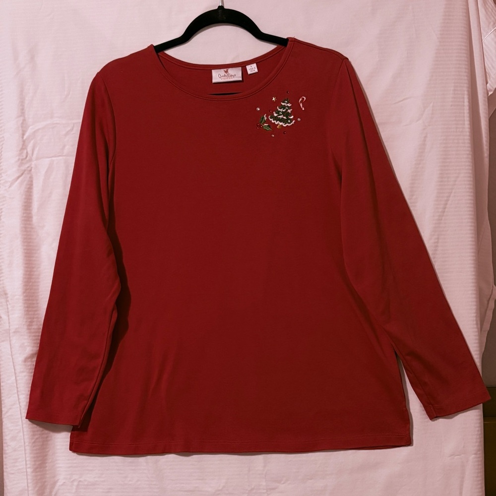 Quacker Factory Women’s Red Long Sleeve Tunic Top with Festive Embroidery & Gems